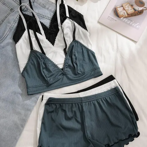 Women's Wireless Bra & Lettuce Trim Shorts Underwear Set, Summer Outfits 2024, Adjustable Strap Bra & Elastic Waist Shorts, Soft Comfy Breathable Fabric Underwear Set for Women