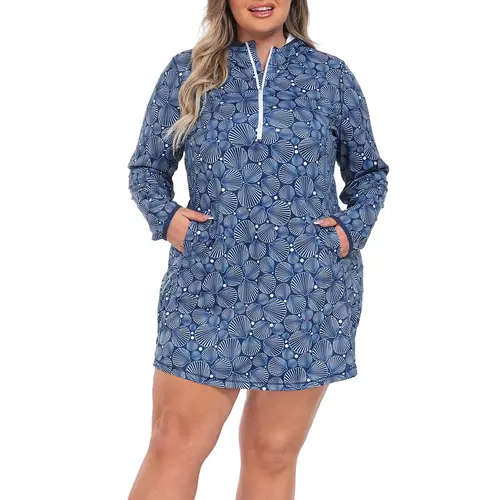 HDE Women's Plus Size Long Sleeve Hooded Swimsuit Cover Up Dress - Plussize, UPF 50 Protection, Breathable Quick Dry Fabric for Coastal Outdoor Wear