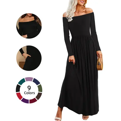 Chicovar Women's Off-Shoulder Spring Maxi Dress – Long/Short Sleeve with Pockets , Perfect for Vacation, Dinner & Semi-Formal Occasions,Fall/Spring/Summer Maxi Dress, Summervibes