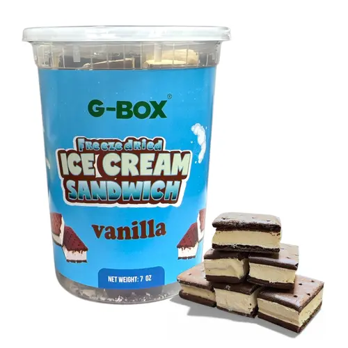 G-Box Freeze Dried Ice Cream Sandwich - Trans Fat, Corn Syrup & Palm Oil Free Vanilla Ice Cream with Chocolate Wafers, Portable Hike & Office Snacks, Dessert, Cupboard Staple in Air-Tight Sealed Container (Corn Flour Free)