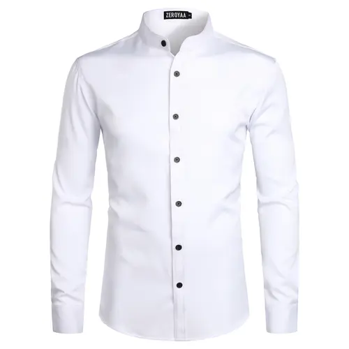 ZEROYAA Men's Soft Solid Slim Fit Long Sleeve Mandarin Collar Polyester Dress Shirt - Contrast Buttons, Hand Wash, US Size, Stylish Casual Business Menswear for Office to Dinner Versatile Wear (Slim Fit Sharpens Your Look)