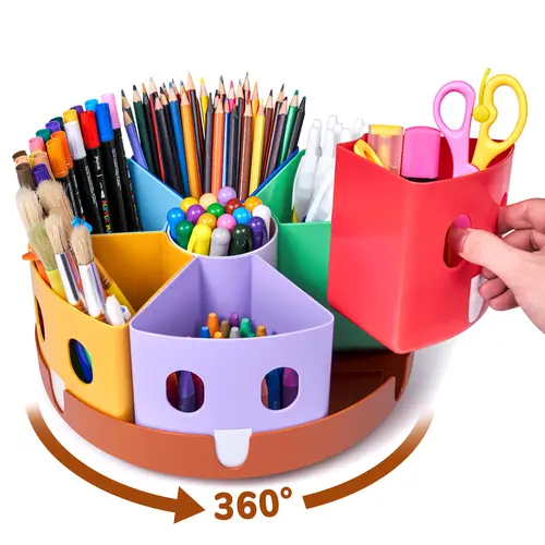 GAMENOTE 360-Degree Rotating Desk Organizer Tidy, Large Multifunctional Stationery Holder with Multi-Compartment Colorful Dividers, for Primary School Classroom Child & Office, Holds Pencils Markers Glue Sticks, Back to School Haul Essential, Stationery O