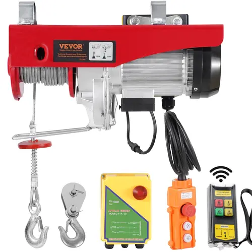【Summerfinds】VEVOR 120V Copper Motor Electric Hoist (Max. 2200 lbs) with Wireless/Wired Remotes (328ft/14ft), 40ft Single Cable Lift Height, Single/Double Slings, Emergency Stop, Garage Lift Winch for Metal Strips or Wood Beams Mounting