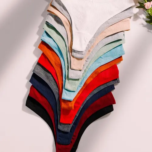 7/12/16 Pcs Women's Ribbed Thong Underwear Panties, Drop Waist Plain Design, Fitted Casual Bottoms for All Seasons, Comfortable Everyday Wear, Daily Casual Underwear, Ribbed Panty
