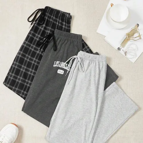 Women's 3pcs Letter & Plaid Print Drawstring Waist Sleep Pants, Casual Comfy Elastic Waist Sleep Bottoms for All Seasons, Comfy Loungewear for Women, Pajama Set, Sleepwear Loungewear Set, Lounge Pajamas, Lounge Pajama Style