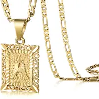 KissYan Initial Letter Pendant Necklace for Men Womens, 14K Gold Plated Square Capital Monogram Necklace Alhpabets from A-Z Figaro Chain Necklace Gifts