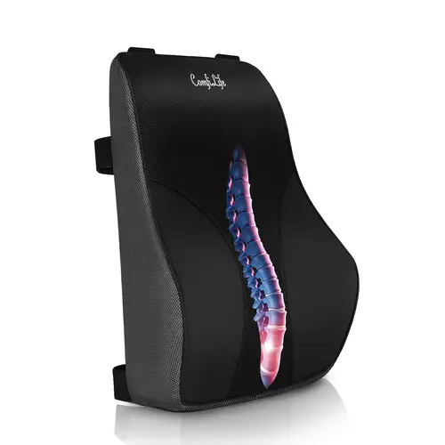 ComfiLife Lumbar Pillow - Adjustable Breathable Mesh Ergonomic Memory Foam Back Cushion with 3-Strap System, Leatherette Finish, Firm Support, Fully Assembled for Car/Office, Low Back Pain Relief, 3-Strap Chair Fit, Modern Durable Office Chair Accessory