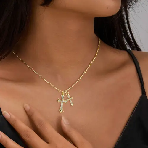 MIDEEO Cross Design Faith Pendant Necklace, 14 karat Gold Plated Double Cross with CZ Cubic Zirconia, Jewelry for Women, Men's Accessories, Dainty Birthday Gift