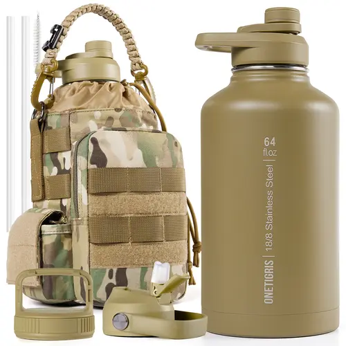 OneTigris 64 oz Double Layer Insulated Stainless Steel Flask Bottle - Insulated Cup, Portable Sports Hydration Bottle with Carry Pouch, 3 Interchangeable Lids, 24H Hot/48H Cold, Leak Proof, Father's Day Cool Gifts for Guys Unique Gifts for Man