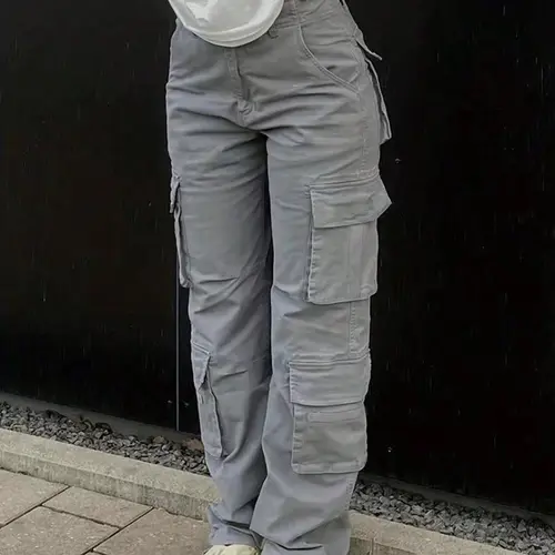 Women's Plain Basic High Waist Vintage Fashion Button Drawstring Cargo Pants, Casual High Waisted, Casual Streetwear Pocket Design Trousers for Fall & Winter, Ladies Bottoms for Daily Wear, Baggy Pants, Womenswear