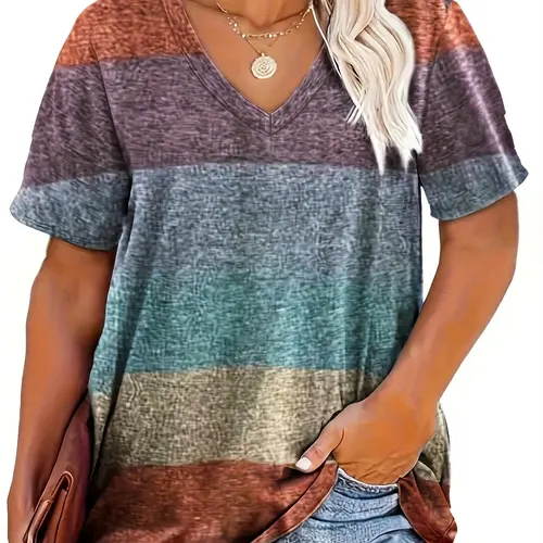 Plus Size Colorful Patchwork Print V Neck Lady Tee, Plus Casual Style Stretchy Fitted Short Sleeve T-Shirt for Summer, Summer Outfits 2024, Women's Plus Clothing for Daily Wear, Everyday, Casual Fit Top, Womenswear