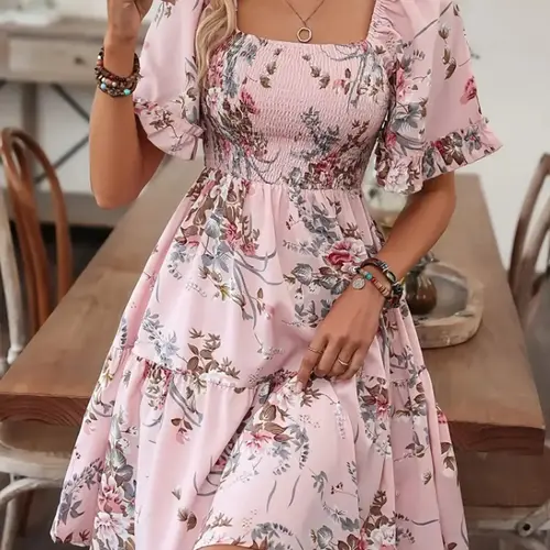 Women's Floral Print Woven Ruffle Hem Shirred Slim A Line Dress, Casual  Boho Chic Bohemian Romantic Flounce Sleeve Square Neck Short Dress for Beach Vacation, Ladies Summer Clothes, Boho Summer Dresses