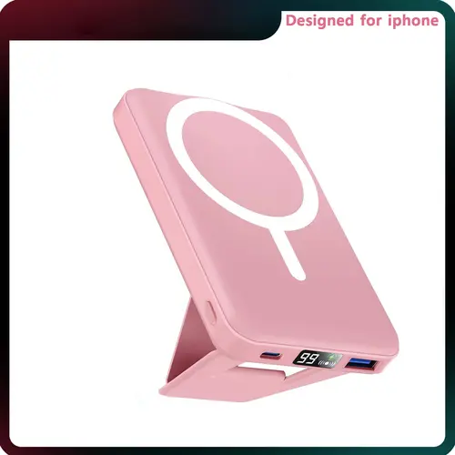 Podoru 10000mAh Silicone Magnetic Wireless Power Bank with Foldable Stand, Blush Pink 20W Max Out Quick Charge 2.0 Portable Charger for iPhone 17/16/15/14/13/12 Series, Micro USB, Everyday Carry Travel Gadget