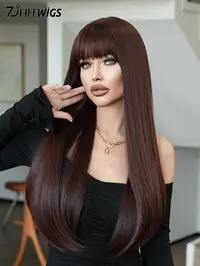 28 Inch Long Mocha Brown Straight Wigs for Women, Gorgeous Fashion Flu