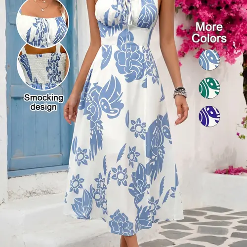Elegant Women's Boho Floral Printed Wide Strap Dress, Backless Ruched Design Casual Wear, Sleeveless Long Dress for Spring Vacation Casual Beach Sundress