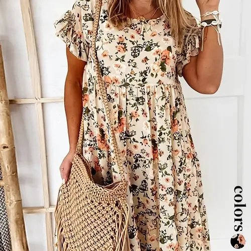 Women's Floral Print Ruffle Smock Dress, Bohemian Boho Casual Fashion Breathable Fabric Short Sleeve Round Neck Knee Length Dress for Summer Beach Sundress, Women's Dress for Beach Holiday Vacation, Boho Flowy Dress, Bohemian Aesthetic, Womenswear, Lady