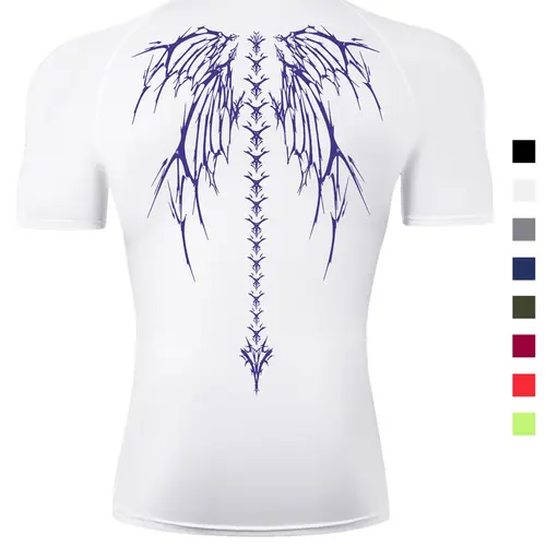Men's Skeleton Wing Print Compression Shirt, Gym Workout Fitness Running Sporty Tee, Summer Quick Drying Breathable Athletic T-shirt, Stylish Gymwear, Workout Clothes, Short Sleeve Rash Guard, Gym Graphic Tee, Activewear Tees, Athletic Clothing