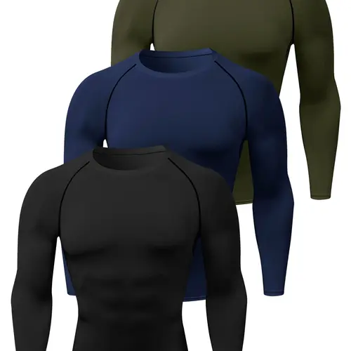 Men's 3pcs Solid Round Neck Raglan Sleeve Sports Tee, Activewear Tees, Fitness Sport Top, Quick Drying Breathable Long Sleeve T-shirt, Crew Neck Tight-fitting Tee Shirts for Men, Sportswear for Indoor Outdoor Wear Athletic Sports Clothing, Workout Top
