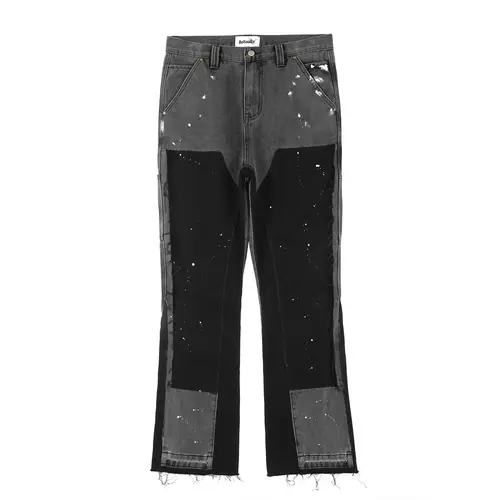 GINGTTO Men's Stacked Flared Jeans Relaxed Bootcut Patchwork Streetwear Straight Leg Stretch Denim Pants Menswear Zipper