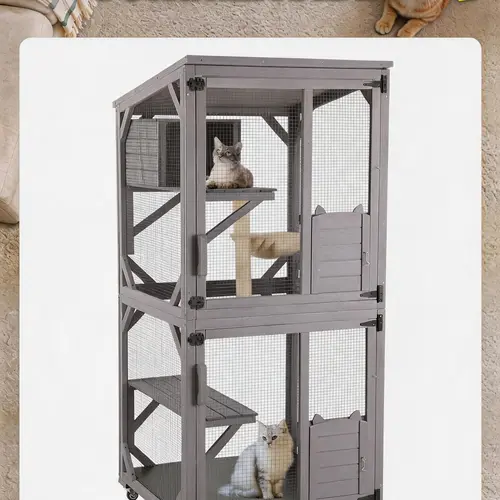 Aivituvin-AIR22 Large Indoor/Outdoor Cat House - Portable, Waterproof Roof, Easy Cleaning Apartment Catio (13.2ft² Inner Space) - Connects to Window or Slider Door for Pet Lovers, Wood Frame