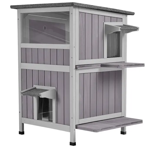 Aivituvin-AIR14-1 2-Tier Wooden Cat House with Weatherproof Roof, Door Flaps, Wood Frame, Removable Floor, Enclosure & Sheltered Space Outdoor Cat Shelter