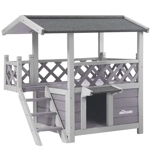Aivituvin-AIR09-B Small Enclosed Solid Fir Wood Cat House, Easy Assemble Indoor/Outdoor Balcony Access Furniture, 5.2 ft² Inner Rest Room Space, Waterproof Design with Kitty Door