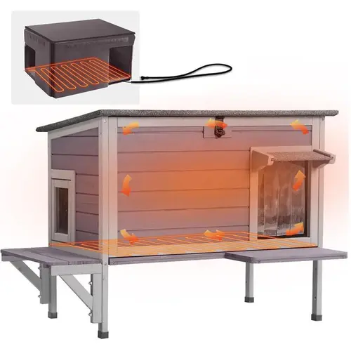 Aivituvin Insulated-Heated Outdoor Cat House Enclosure, Waterproof Wood Frame with 3-Layer Insulated Materials, Warm Liner, Porch, Stray Cat Winter Shelter