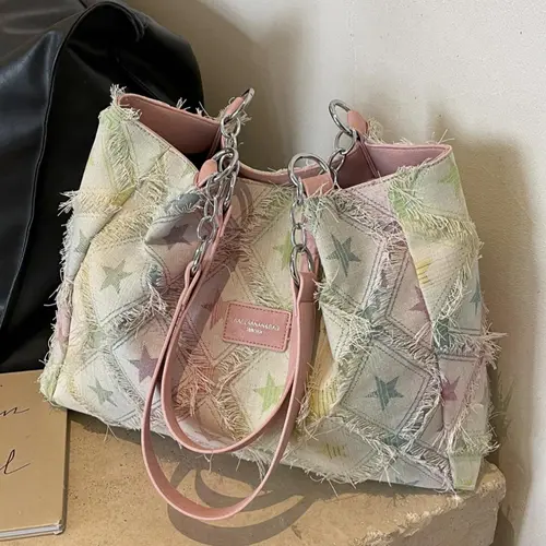 Women's Star Pattern Frayed-Trim Tote Bag, Large Capacity Distressed Shoulder Bag for Dating, Classes & Shopping, Stylish Rhombus Commuting Bag, Handbag Tote