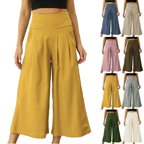 SCUSTY Women's Solid Color Cotton Linen Wide Leg Pants Elastic Waist Culottes Capri Trousers with Side Pockets