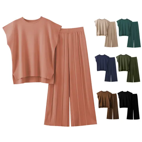 SCUSTY Women's Knit 2 Piece Lounge Set Cap Sleeve Split Hem Top High Waist Pleated Wide Leg Pants Casual Summer Vacation Beach Matching Sweater Outfits