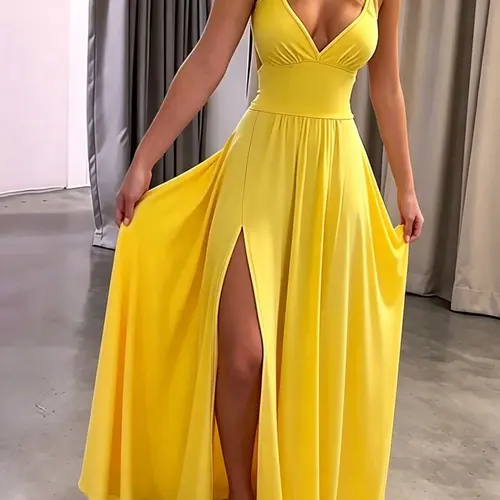 Women's Plain Fitted Criss Cross Backless Split Thigh Spaghetti Strap Cami Dress, Elegant Style Tie Back Ruched Sleeveless Long Dress for Party Holiday Wedding Guest, Ladies Summer Clothes Womenswear, Side Split Dress