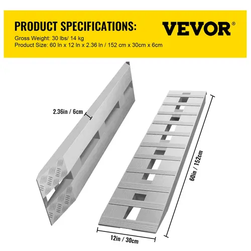 【toolupgrade】VEVOR Aluminum Alloy Trailer Ramp Set, 60x12x2.5in, 6000LBS Load Bearing Weight Support, Slip-Resistant Beavertail Hook-End, 1 Pair, Home Improvement Building Supplies for Bicycles, Dirt Bikes, Tractors, Truck Bed Accessories