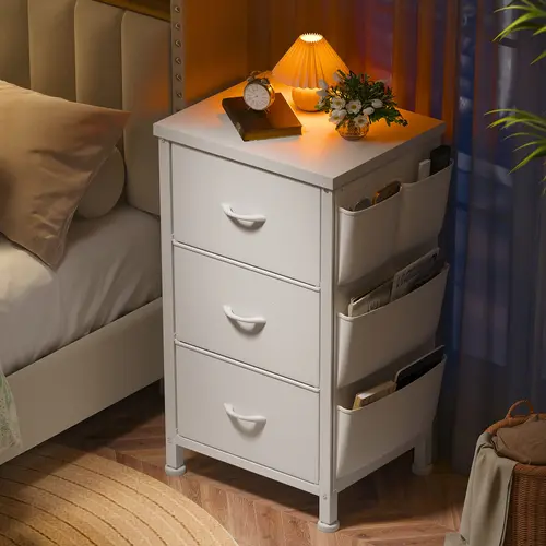 Raybee Furniture Nightstand Set of 1/2 with 3 Fabric Drawers, End Table Side Table with Wooden Top & Sturdy Steel Frame for lIving Room, Small Dresser for Bedroom with Pockets, Bedside Tables, Storage Caninet, Small Cabinet
