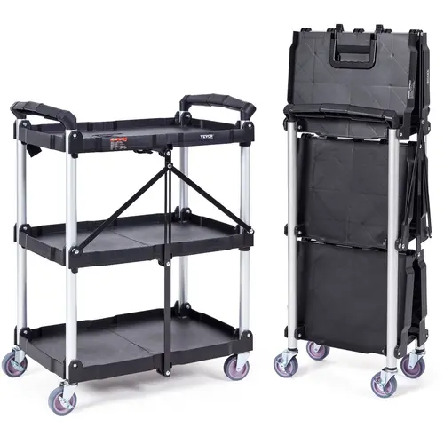 【Summerfinds】VEVOR 3-Shelf Heavy-Duty Plastic Utility Service Cart - 165LBS Capacity, Lockable Swivel Casters, Ergonomic Handle, Collapsible Rolling Stand, Organizer Racks, Ideal for Warehouse & Home Use