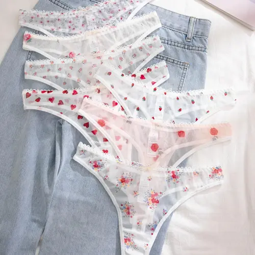 Women's 7pcs Floral Print Lace Trim Sheer Mesh Thong, Casual Style Soft Comfy Breathable Drop Waist Panty for Daily Wear, Ladies Underwear for All Seasons