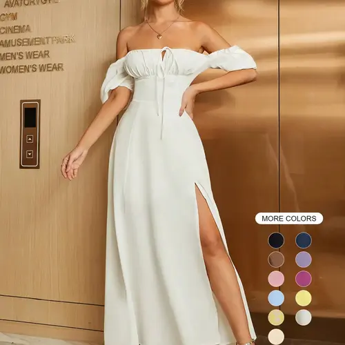 Women's Off The Shoulder Ruched Tie Front Split Thigh Slit Dress, Elegant Boho Puff Sleeve A Line Long Dress for Formal Party Holiday Dating Wear, Elegant Fashion Dress