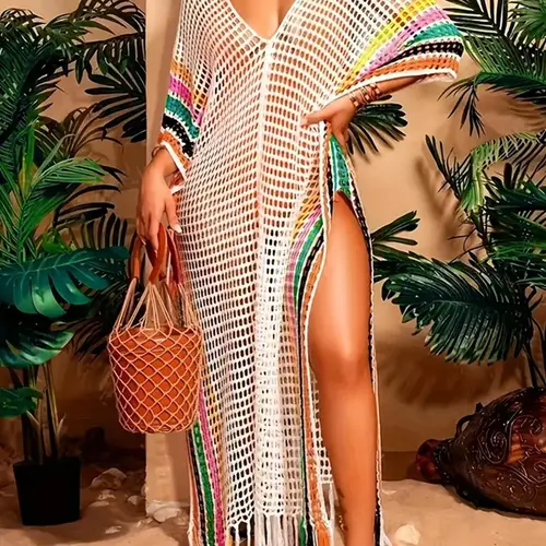 Plus Size Striped Fringe Trim Batwing Sleeve V Neck Bohemian, Long Knitting Beach Dress for Women, Beach Coverups