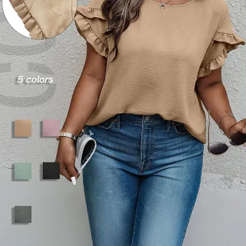 Plus Size Women's Solid Color Ruffle Trim Feminine Petal Sleeve Fitted Blouse, Shirts Casual Short Sleeve Round Neck Top for Summer, Women's Plus Clothing for Daily Wear, Everyday