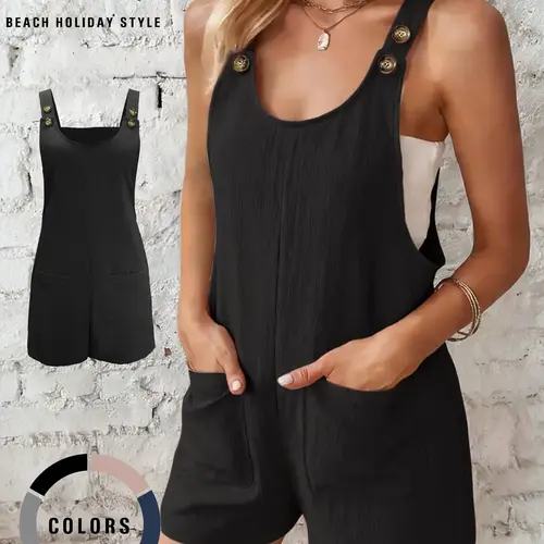 Women's Casual Basic Plain Minimalist Sleeveless Strappy Fashion Casual Overalls with Adjustable Buttons and Two Patch Pockets, Short Fitted Design, Perfect for Daily Wear and Beach Holidays, Womenswear