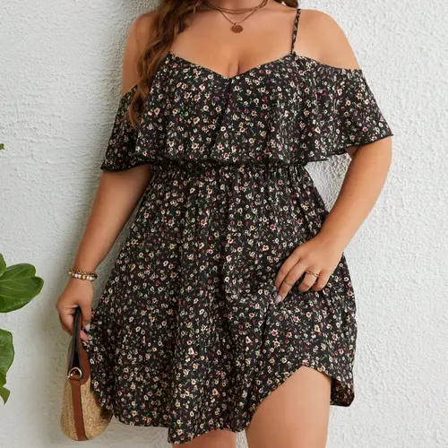 Plus Size Ditsy Floral Print Cold Shoulder Spaghetti Strap Casual Ruffle Trim A Line Dress, Boho Romantic Short Dress for Beach Vacation Holiday, Casual Wear Summer Outfits, Dresses for Women, Boho Sundresses, Bohemian Style