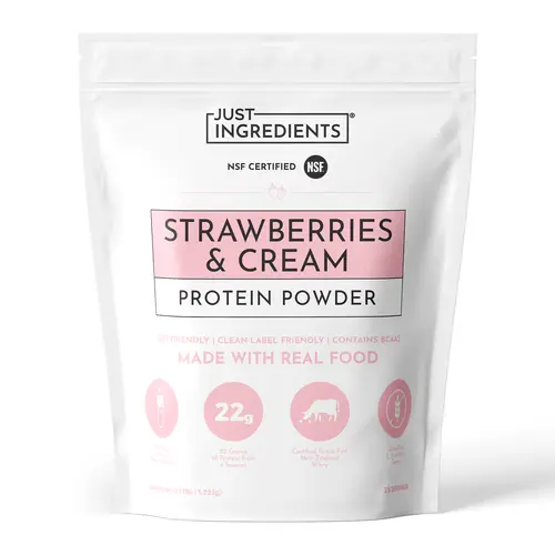 Just Ingredients Strawberries & Cream Protein Powder - 25-Serving Blend with Grass-Fed Whey & Organic Plant Proteins – Real Strawberry Flavor – Supports Muscle Recovery, Energy*