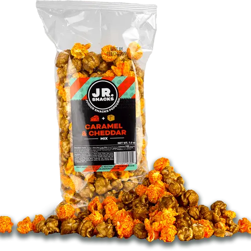 Junior Snacks Co. Caramel & Cheddar Popcorn Mix;  Crunchy Brown Sugar Salt Flavor combined with a Soft Cheddar bite