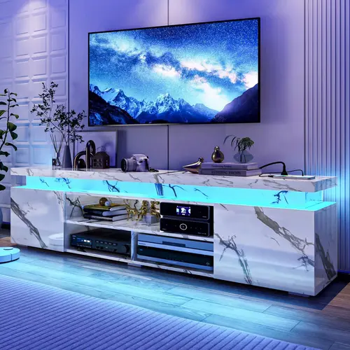 73inch/83inch LED TV Stand for 80/85/90/95 Inch TV, High Gloss TV Cabinet with Power Outlet, Modern TV Console Entertainment Center with Storage and LED Lights for Living Room, Black/White/Black Marble/White Marble