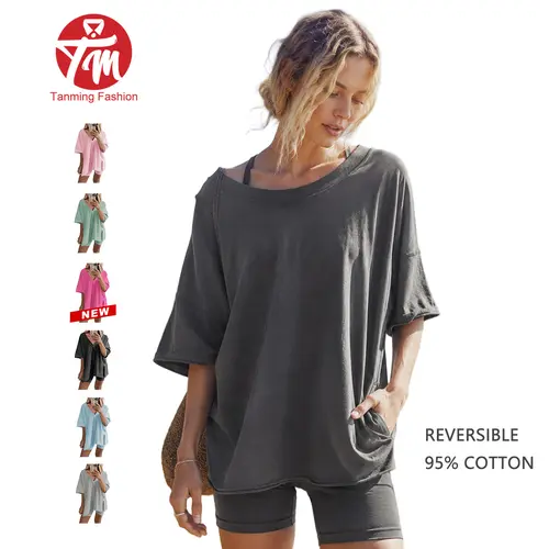 Tanming Women's 2-Piece Sports Outfit, Oversized Reversible V-Neck Tee & High Waist Stretchable Biker Shorts, Casual Yoga Loungewear Set, Sports Outfits, Yoga Outfit Set