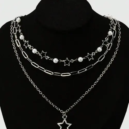 Punk Style Chain & Star Design Pendant Necklace (3pcs/set), Faux Pearl Decor Layered Necklace, Daily Wear Necklace, Accessories for Women & Girls, Trendy Fashionable Accessories, Jewelry for Birthday Gift, Non Tarnish Jewelry, Dainty Layering Jewelry