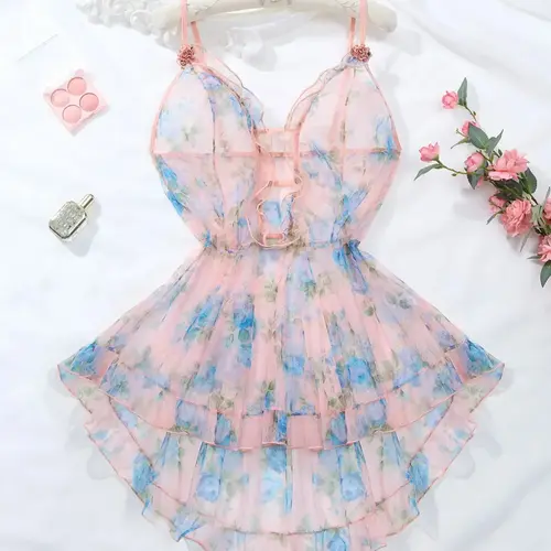 Plus Size Ditsy Floral Print Cut Out Frill Sheer High Low Ruffle Hem Adjustable Cami Sleeveless Mesh Dress, Summer Ruffle Dresses, Casual Outfits for Daily Outdoor Wear
