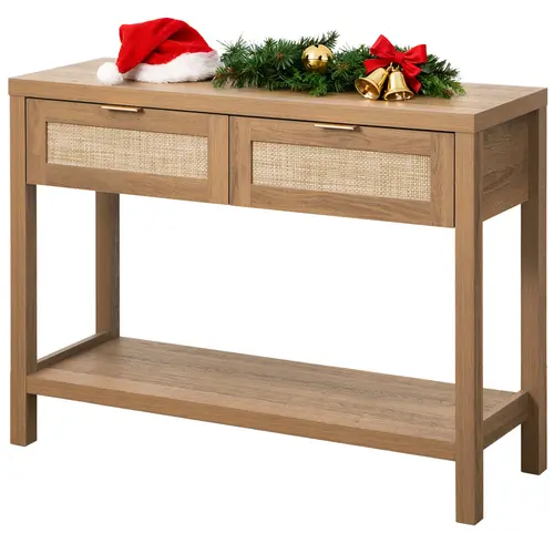 SICOTAS Console Table with Rattan Drawers - Unique Boho Rattan Entryway Table Side Table with Storage, Small Console Tables for Entryway, Entry Table for Hallway, Sofa Table Coffee Table, Spacious Storage, Stable and Sturdy