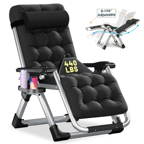 Naudacaa Zero Gravity Lounger Chair Outdoor, Premium Steel Frame Outdoor Garden Folding Lounge Chair with Recline Adjust, Cushion, Headrest & Tray, Supports 440lb