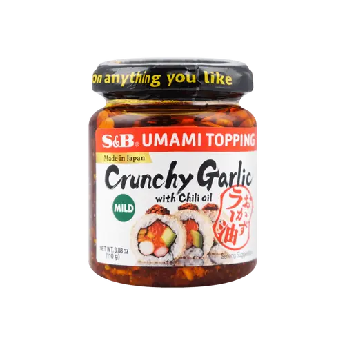 S&B Umami Topping Crunchy Garlic with Chili Oil Mild Flavor Sauce 3.88 oz For Chicken Sushi Pasta Salad Noodles Tofu Rice Made in Japan