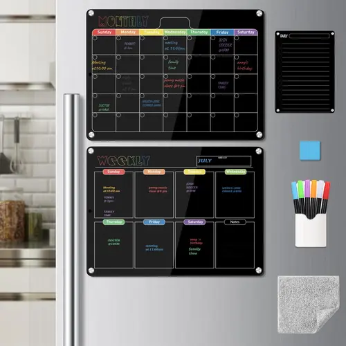 Hivillexun Reusable Magnetic Dry Erase Planner Set - 16.5x11.8in Refrigerator-Fit Acrylic Board, Family Organizer with Enhanced Magnet Strength, Easy to Write and Erase, Scratch-Resistant, Stylish Modern, Daily Use
